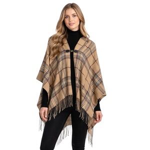Plaid Poncho Wrap with Fringe Tan and Black Women's One Size